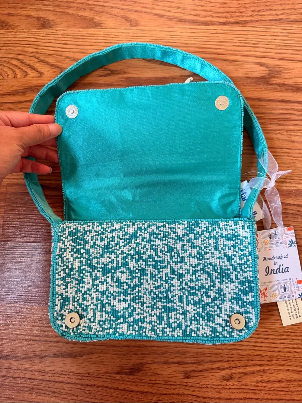 Turquoise beaded fish shoulder handbag sparkling silver fish handcrafted NWT